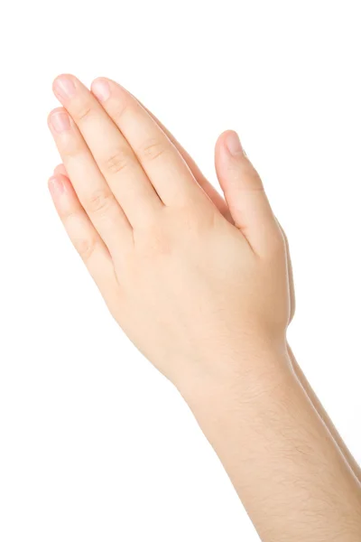 Mãos fechadas em oração isoladas sobre fundo branco — Fotografia de Stock