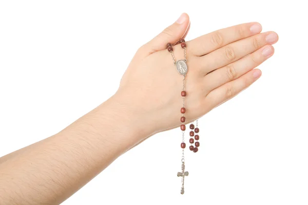 Hands closed in prayer with a rosary isolated on white background — Stock Photo, Image