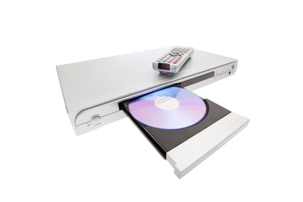 DVD-програвач викидає диск з пультом дистанційного керування ізольовано на білому тлі — стокове фото