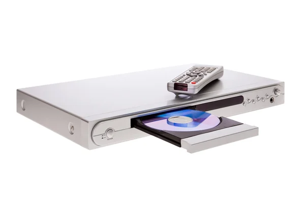 Reproductor de DVD expulsando disco con control remoto aislado sobre fondo blanco —  Fotos de Stock