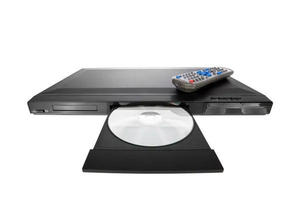 DVD player ejecting disc with remote control isolated on white background — Stock Photo, Image