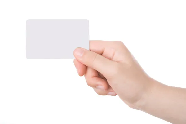 Mano sosteniendo una tarjeta de visita aislada sobre fondo blanco Imagen de stock