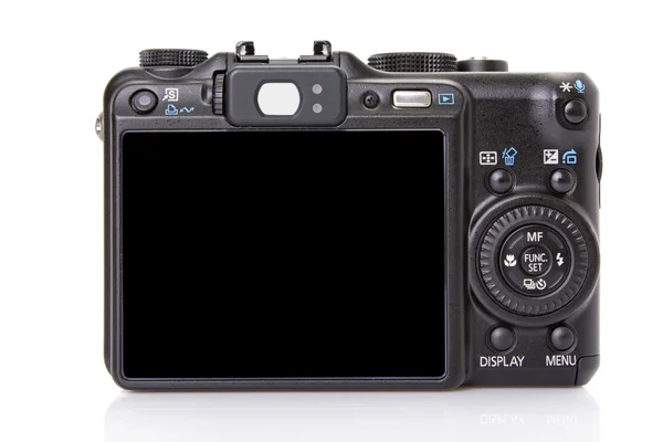 Indietro della fotocamera digitale compatta nera isolato su bianco — Foto Stock