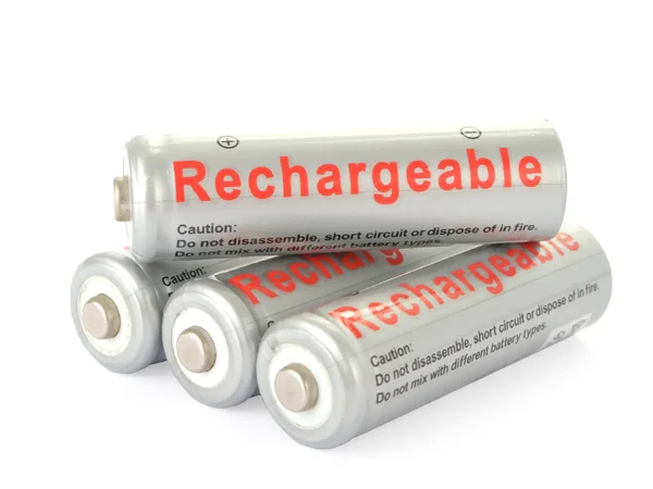 Baterias AA recarregáveis isoladas em fundo branco — Fotografia de Stock