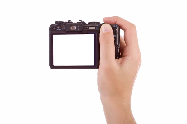 Hand photographing with a digital camera isolated on white — Stock Photo, Image