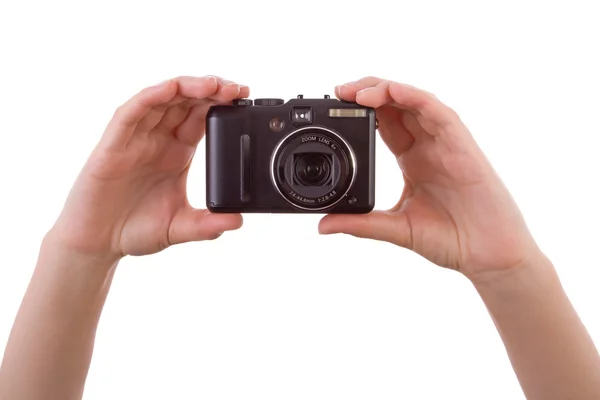 Hand photographing with a digital camera isolated on white — Stock Photo, Image