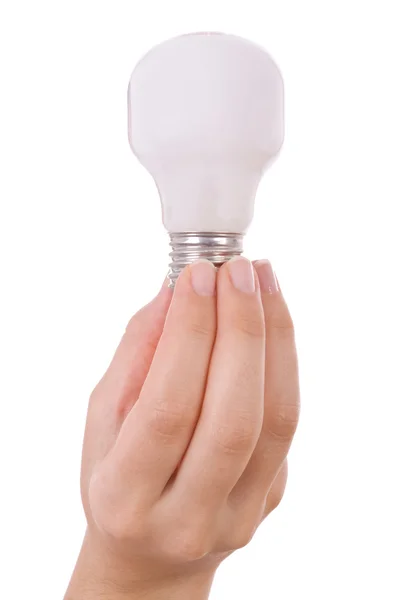 Hand holding an incandescent light bulb isolated on white — Stock Photo, Image