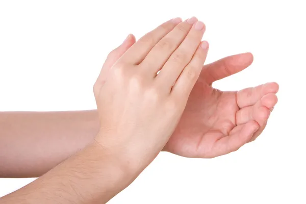 Les mains applaudissant isolé sur un fond blanc — Photo