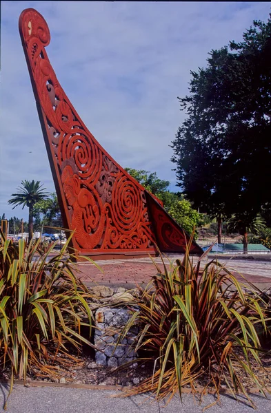 Escultura Madeira Uma Proa Canoa Maori Gisborne Nova Zelândia — Fotografia de Stock