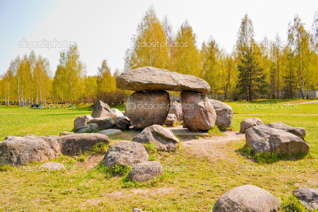 Dolmen in geological park-museum of boulders in Minsk, Belarus.