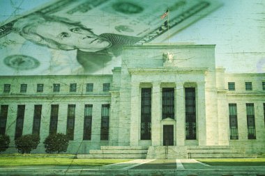 Federal Rezerv grunge textu üzerinde 20 dolarlık banknot ile bina