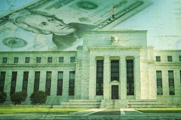 Federal Reserve building with twenty dollar bill on grunge textu — Stock Photo, Image