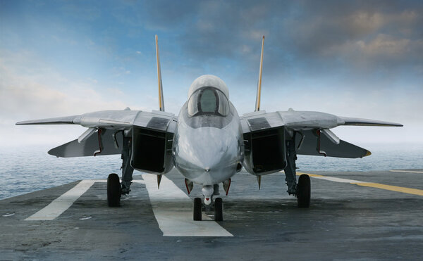 F-14 jet fighter on an aircraft carrier deck viewed from front