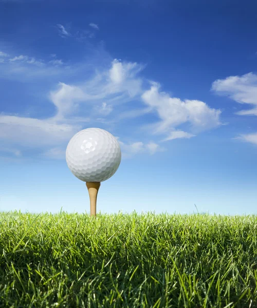 Golf ball op tee in gras bekeken close-up — Stockfoto