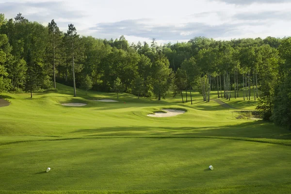 Golf green with bunkers in afternoon sunlight — Stok fotoğraf