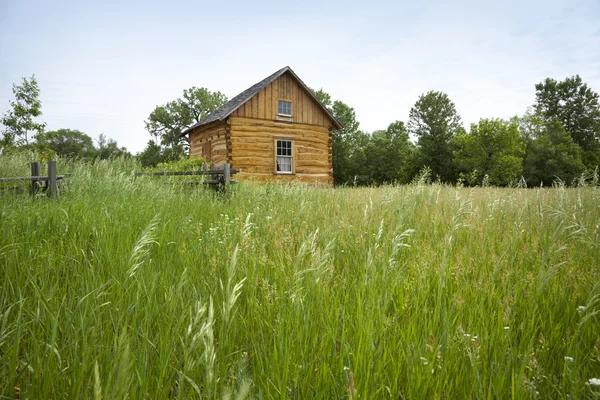 Ancienne cabane de colon vue depuis un champ herbeux — Photo