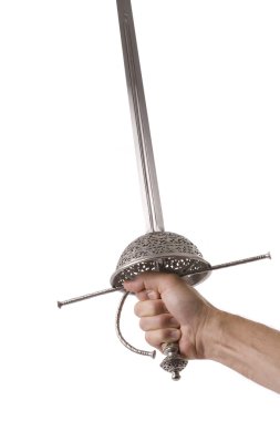 Hand holding rapier style sword isolated on white clipart
