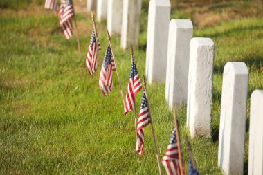 Amerikan bayrakları yakınındaki mezar taşları arlington Ulusal Mezarlığı