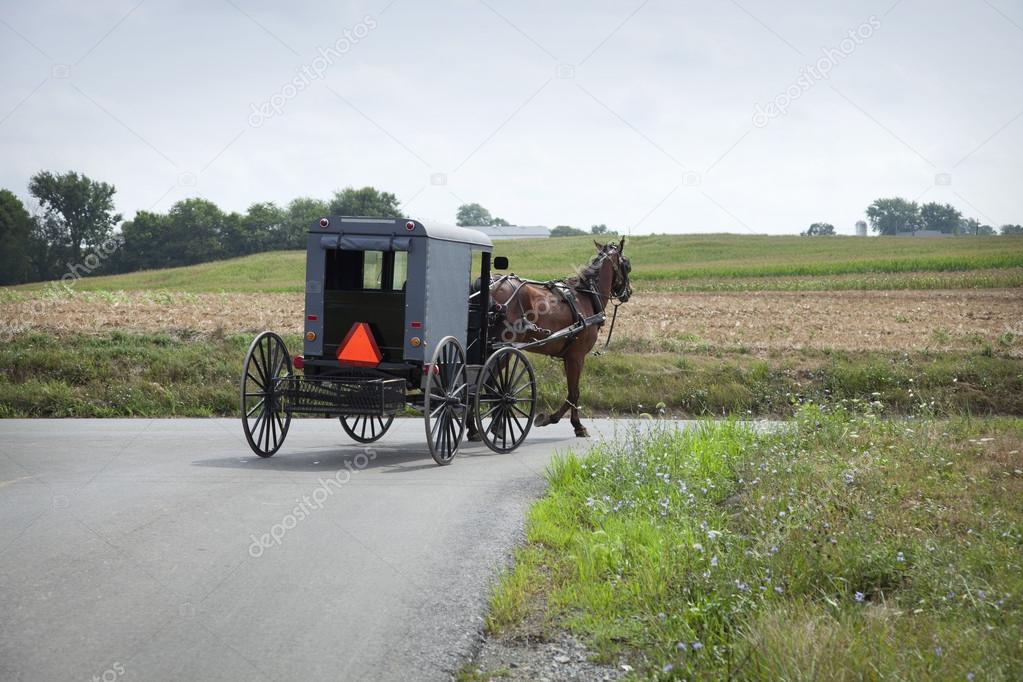 Amish buggy turns a corner in Lancaster County Pennsylvania