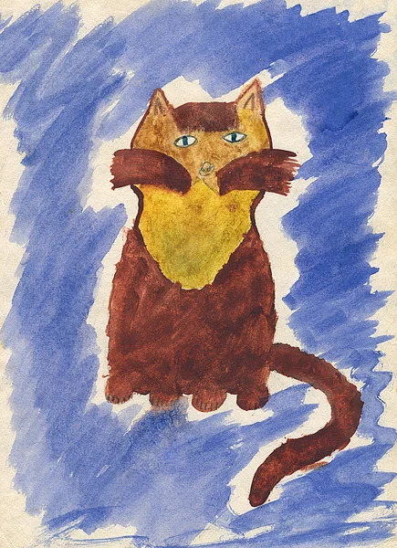 Child's watercolor drawing of cat. — Stock Photo, Image