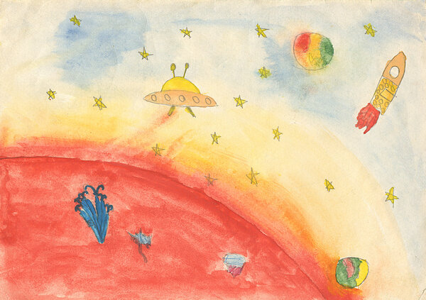 Child's watercolor drawing of space.