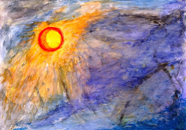 Dessin aquarelle à la main. Soleil et ciel orageux — Photo
