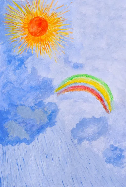 Aquarelle dessin à la main. Soleil, pluie, arc-en-ciel . — Photo