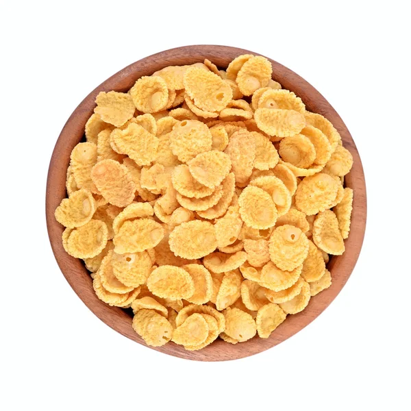 Cornflakes in a wooden bowl on a white background — Stock Photo, Image