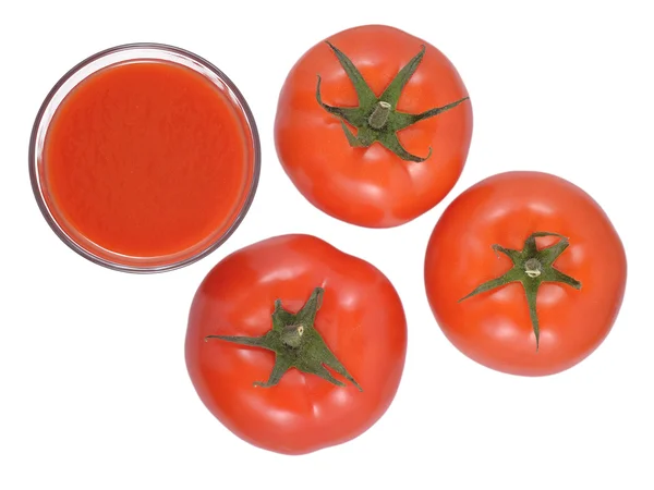 Tomatensaft und Tomaten auf einem weißen — Stockfoto