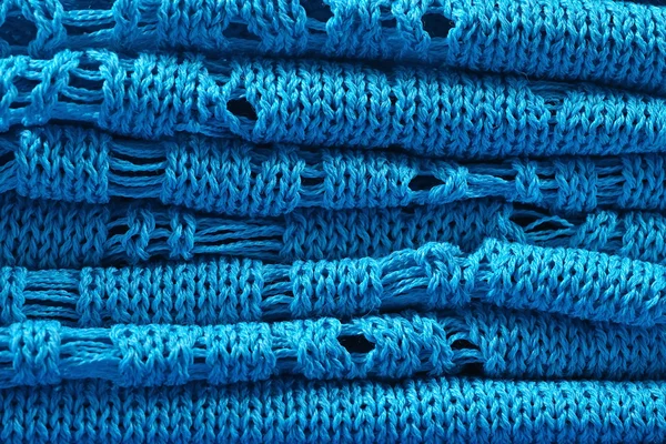 Pila di primo piano blu lavorato a maglia — Foto Stock