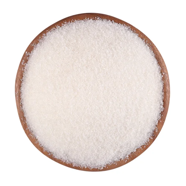 Witte suiker in een houten kom op een wit — Stockfoto