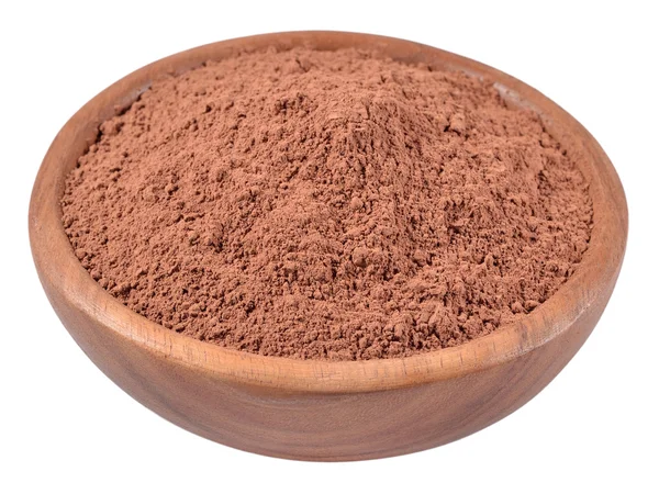 Cocoa powder in a wooden bowl on a white — Stock Photo, Image