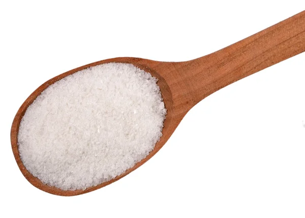 Top view of salt in a wooden spoon on a white — Stock Photo, Image