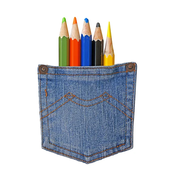 Blue Jeans Tasche voller Bleistifte isoliert. (zurück zum Schulkonzept) — Stockfoto