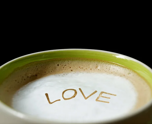Love cup, love word latte coffee — Stock Photo, Image