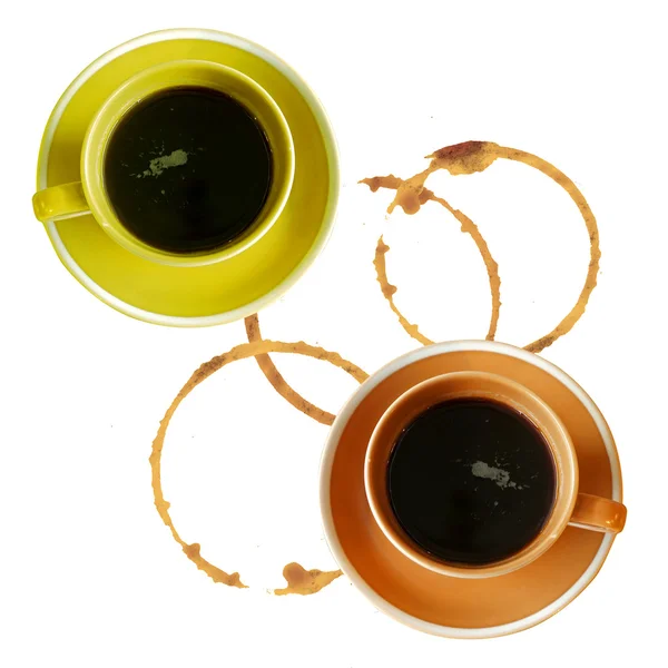 Dos tazas de café aislado en blanco, vista superior con manchas — Foto de Stock