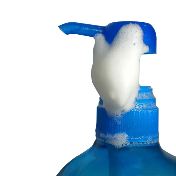 Pompa şişe sabun köpüğü ile izole beyaz zemin üzerine — Stok fotoğraf