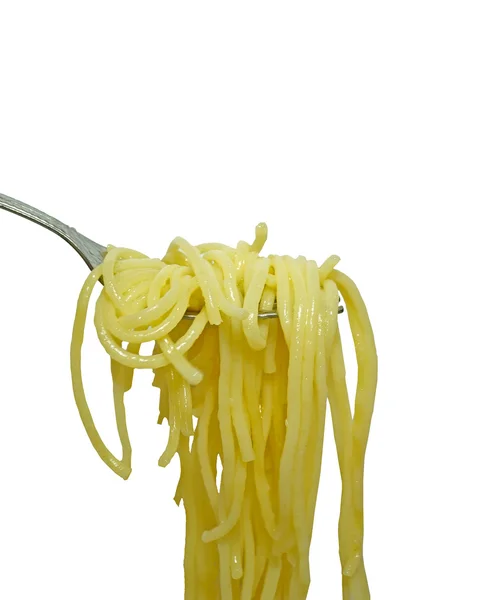 Fideos espaguetis sobre tenedor sobre fondo aislado — Foto de Stock