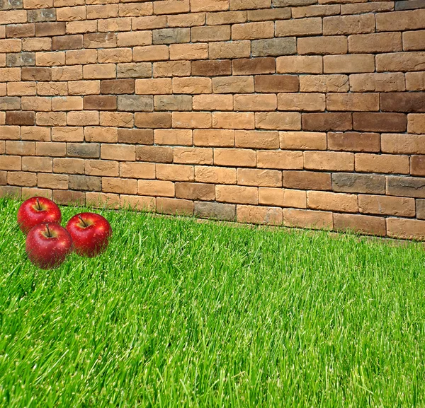 Rote Ziegelwand mit roten Äpfeln — Stockfoto