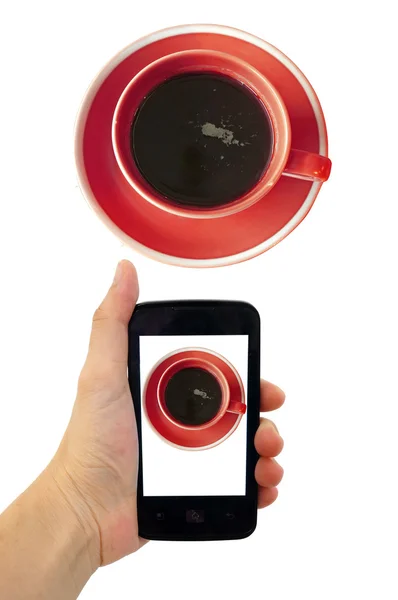 Het nemen van koffie beker foto door slimme telefoon, geïsoleerd op witte achtergrond — Stockfoto