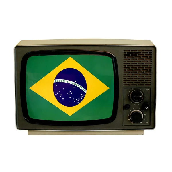 复古电视与巴西国旗里面 — 图库照片