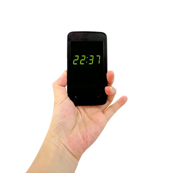 Ręka trzyma silny telefon Pokaż zegar cyfrowy (telefon komórkowy) — Zdjęcie stockowe