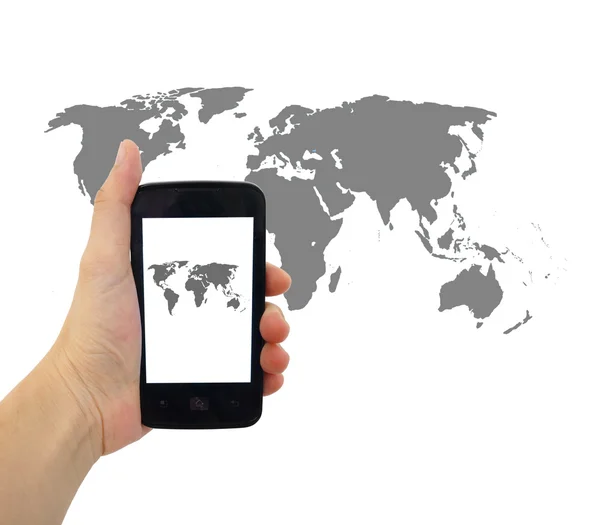 Smartphone mit Weltkarte für Sozial- und Internetkonnektivitätskonzept — Stockfoto