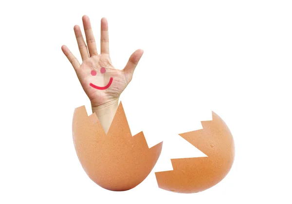 Cáscara de huevo roto con hola mano aislar sobre fondo blanco —  Fotos de Stock