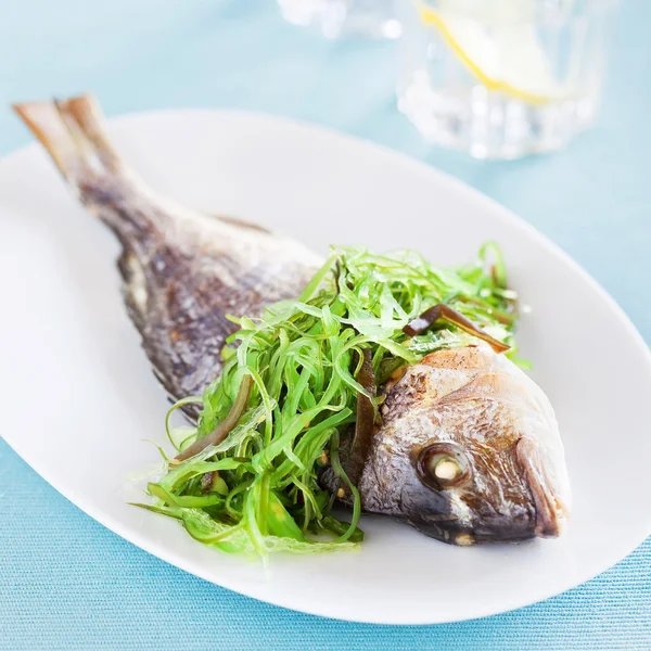 Grilled sea bream and seaweed salad — Stock Photo, Image