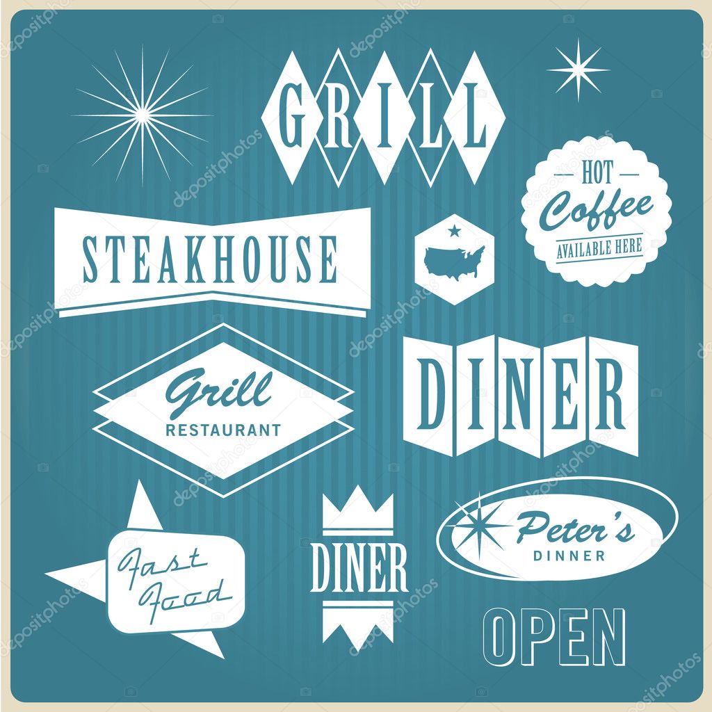 Set of vintage retro us restaurantt logo, badges and labels, editable vector illustration