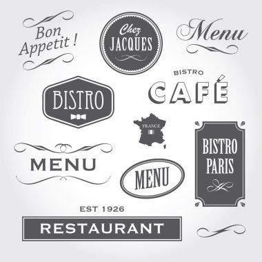 Vintage süsler ve Fransız restoranı işaretleri