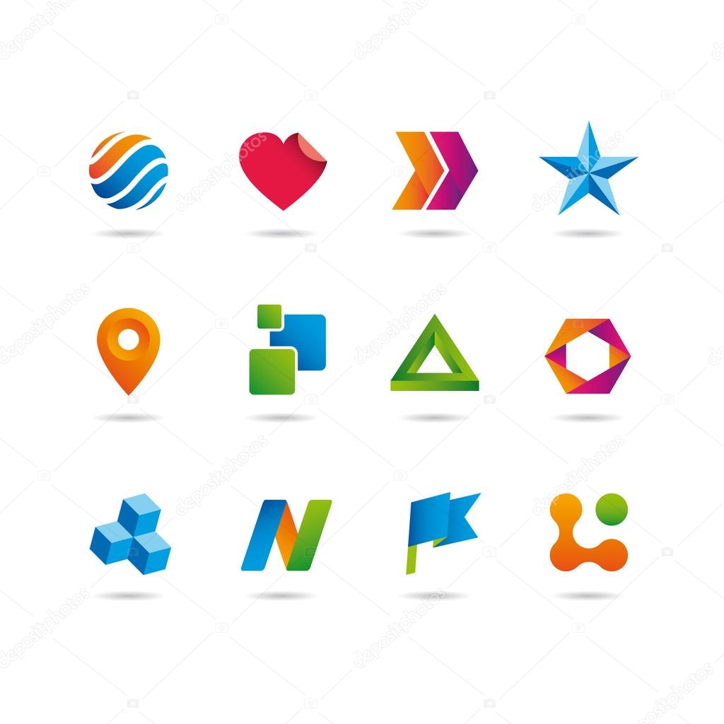 logo and icons set, heart, arrows, star, sphere, cube, ribbon and flag