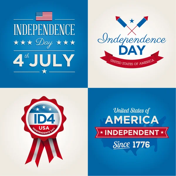 Καλή ημέρα της ανεξαρτησίας κάρτες Ηνωμένες Πολιτείες της Αμερικής, 4 Ιουλίου, με γραμματοσειρές, σημαία, χάρτη, υπογράφει και κορδέλες Διανυσματικά Γραφικά