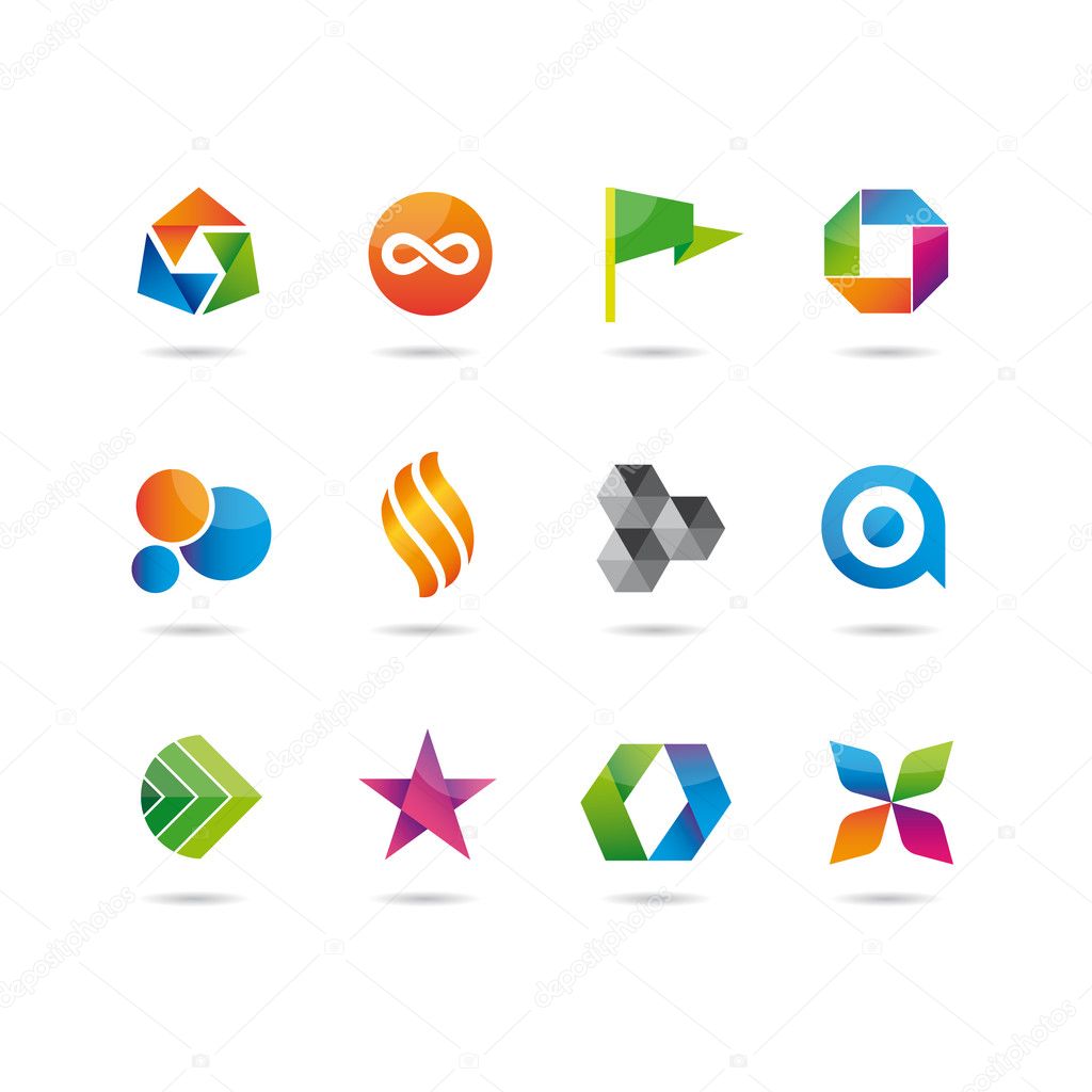 Logo and icons glossy set, flag, circle, bubble, star, origami, flower
